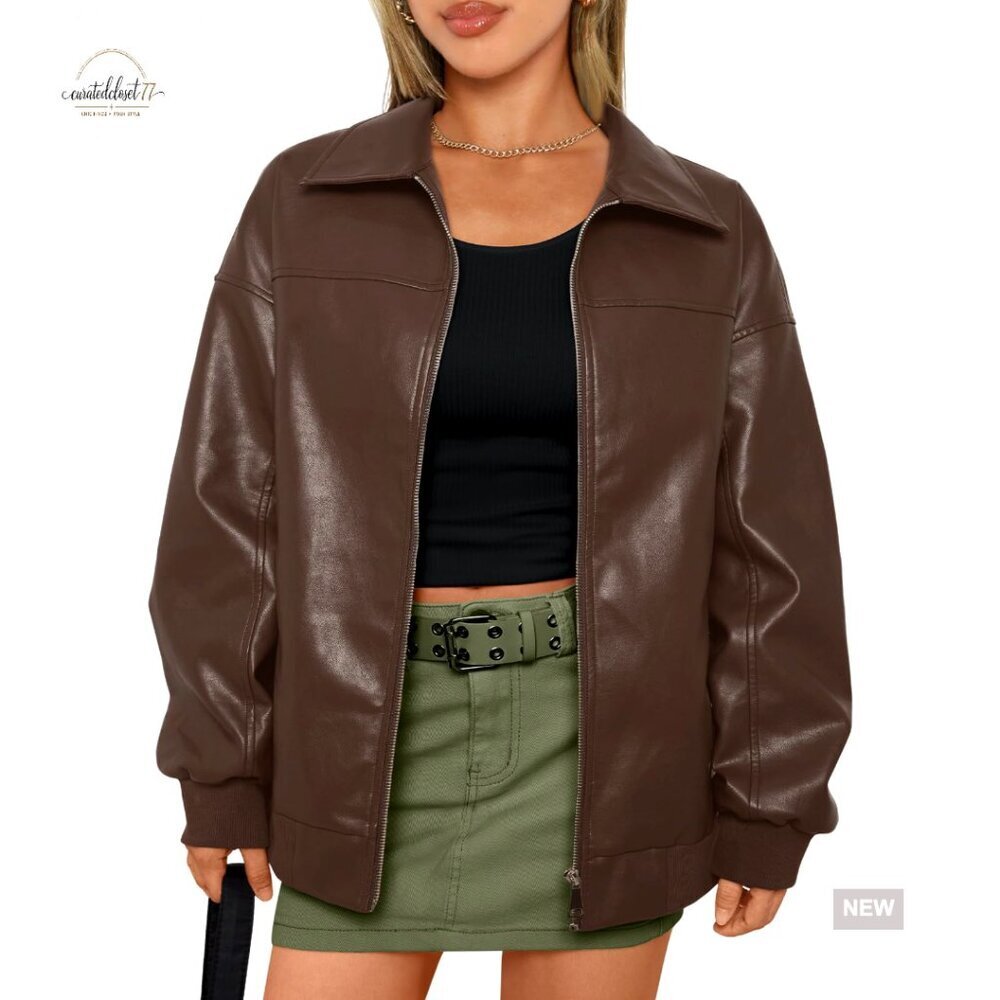 Oversized Faux Leather Bomber Jacket Long Sleeve Zip Up Coats Women